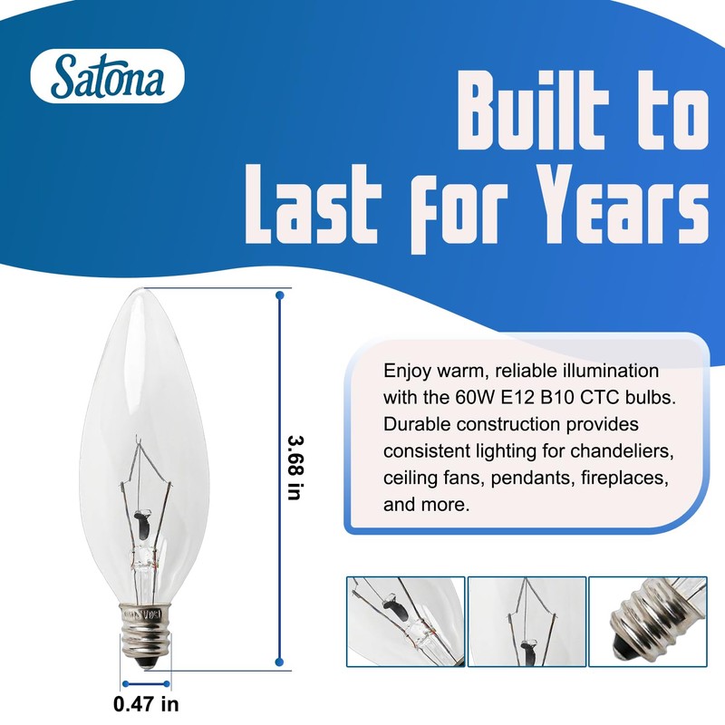 SATONA 60W 120V E12 Base B10 CTC Incandescent Light Bulbs,