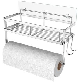 ESOW Paper Towel Holder with Shelf Storage, Adhesive Wall Mount 2-in-1 Basket Organizer for Kitchen & Bathroom, Durable Metal Wire Design, Stainless Steel 304 Brushed Nickel Finish