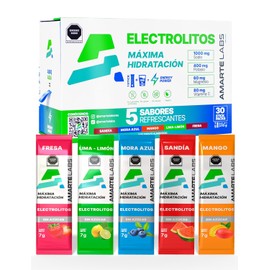 Electrolitos en Polvo Sin Azúcar | 1000 mg Sodio + 400 mg Potasio por Porción | Con Magnesio, Calcio y Vitaminas | Hidratación y Recuperación | 30 Sobres | 5 Sabores