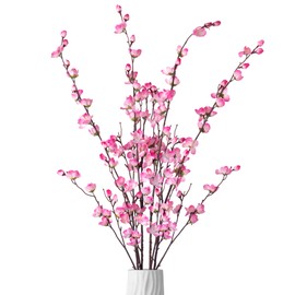 Ammyoo Artificial Faux Plants Flowers Indoor Spring Summer Decor, 4 Bundles Fake Silk Plum Blossom,Faux Silk Cherry Blossom Branches for Wedding Party Hotel Home Decor, Vase Not Included(Pink).