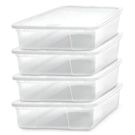 HOMZ 4-Pack Snaplock, Small Clear Plastic Storage Organizer Bins w/ Lids, 28 Quart, White - Stackable Container Boxes for Bedroom, Bathroom, Garage, and Office Organization