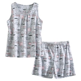 PNAEONG Women Cotton Sleepwear Short Sets Tank&Short Pajamas Sets XTSY208-Coffee-2XL