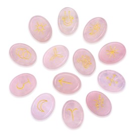 CrystalTears Rose Quartz Crystal Witches Rune Stones Healing Crystals Gemstone Engraved with Reiki Rune Symbol Natural Rose Quartz Stones Set for Witchcraft Reiki Healing Divination Meditation