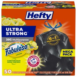 Hefty Hefty Ultra Strong 30 Gallon Trash Bags, Large Trash Bags 30 Gallon Size, Multipurpose, Break Resistant Drawstring Closure, Resists Leaks, Punctures, and Tears, Black, Fabuloso Lemon Scent, 50 Bags