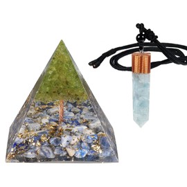 SUNYIK Healing Energy Orgone Pyramid Crystal Pendant Set, Orgonite Energy Generator & Orgone Stone Chips Crystal Points Pendant Necklace for Meditation Chakra Balancing, Blue