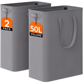 Lifewit 2 Pack Slim Laundry Hamper, Collapsible Narrow Laundry Basket, Small Tall Dirty Clothes Hampers with Handles for Bathroom Bedroom College Dorm, Grey, 50L
