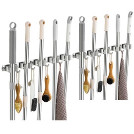 TOPSKINOY 2 Pack Broom Holder Wall Mount, Stainless Steel Broom Hanger Wall Mount, Heavy Duty Mop and Broom Holder Tool Racks Utility Hooks for Laundry Room Garden Garage, Grey (5 Racks and 4 Hooks)