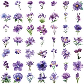 50Pcs Purple Flower Stickers for Scrapbooking - Waterproof Transparent Floral Botanical Sticker for Journaling, Crafts, Art Projects, Glass Potion Bottles (Violet)