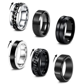 EIELO 6Pcs Stainless Steel Band Rings for Men Women Cool Fidget Spinning Chain Ring Anxiety Relief Fashion Simple Wedding Engagement Black Ring Set Size10