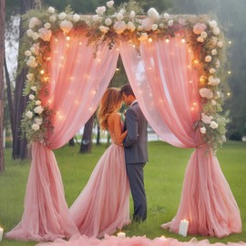 10ft x 8ft Dusty Rose Backdrop Curtain Panels with Lights String for Parties, Sheer Tulle Wedding Backdrop Drapes for Baby Shower Birthday Party Home Decorations