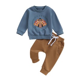 Amnnchya Toddler Baby Boy Thanksgiving Outfit Turkey Long Sleeve Sweatshirt Pants My First Thanksgiving Baby Boy Outfit (Blue, 0-3 Months)