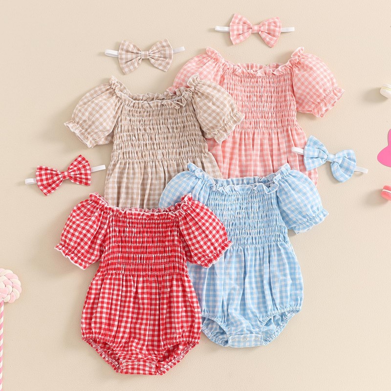Newborn Baby Girl Summer Clothes Short Puff Sleeve Plaid Bubble