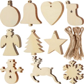 Blulu 100 Pieces Christmas Wooden Ornaments Star Round Wood Slices Wood Snowflake Angel Shape Christmas Tree Hanging Embellishments with 100 Pieces Cords (Style 1)