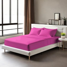 Egyptian Cotton Fitted Sheets 25cm Deep Mattress Pocket 200 Thread Count Fitted Bed Sheet- Soft & Comfortable Bottom Sheet (Fuchsia, Double)