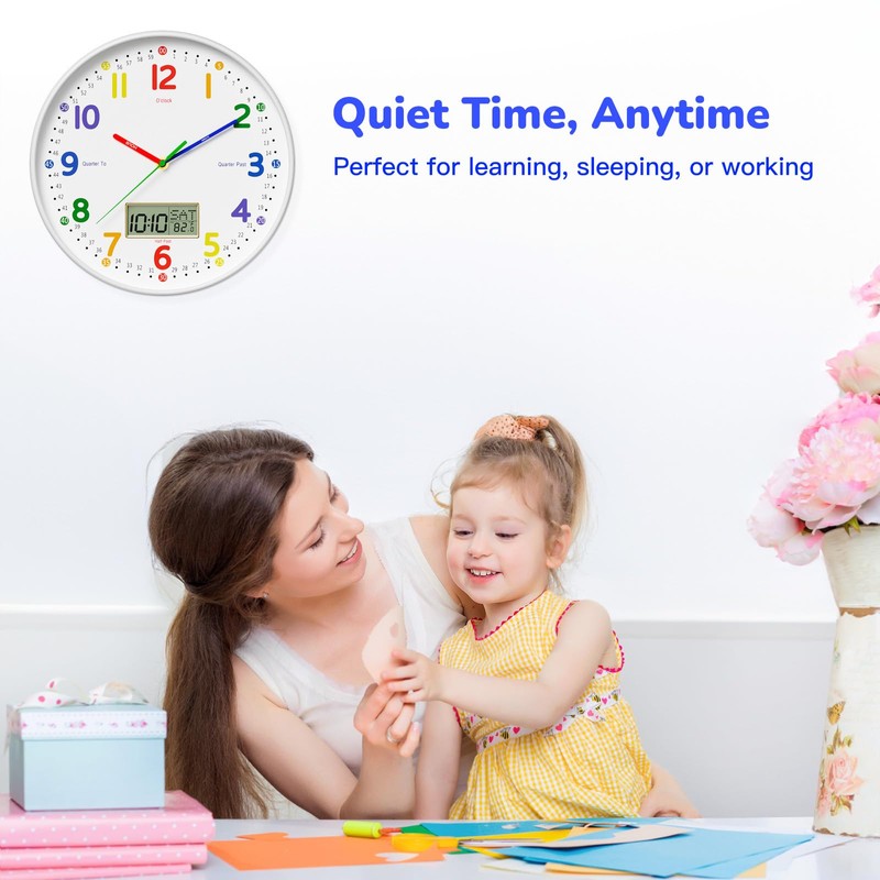 lanktoo 12" Silent Teaching Wall Clock with LCD Date Weekday
