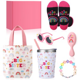 Ovveroche 6 Pcs Big Sister Gifts for Girl, 12 OZ Pink Sister Cup Stainless Steel Mug Sunglasses Bracelet Hair Brush Socks and Big Sister Canvas Bag, Big Sister Announcement Gifts for Little Girl