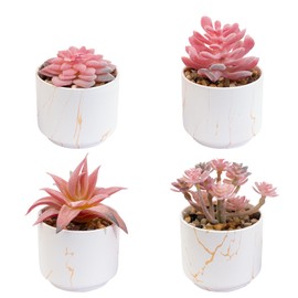 LUZOGA 4Pcs Pink Fake Succulents, Artificial Succulents Plants, Pink Home Decor Small Fake Plants Decor for Office Table Bedroom Kitchen Dorm Desk Decor(Pottery Pot)