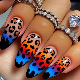 Medium Press on Nails Almond Shaped Fake Nails Blue Orange Gradient Glue on Nails Leopard Print False Nails with Designs French Tip Acrylic Artificial Reusable Nails for Women Girls 24Pcs