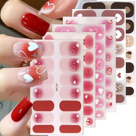 Valentines Day Gel Nail Strips Stickers 6 Sheets Valentine Nail Wraps Pink Heart Nail Polish Strips Adhesive Glossy Designs Valentine's Day Gel Nail Stickers Full Nail Wraps for Gel Nails Salon DIY