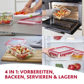 Emsa N10404 Clip & Close Glas Frischhaltedose rund | 0,9 L | stapelbar | gefrierfest | backofenfest | mikrowellenfest | rutschfestes Stapeln | 100% dicht | spülmaschinenfest | Transparent/Rot