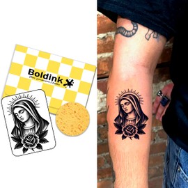Boldink Temporary Tattoos, semi permanent tattoos, 15-day long lasting tattoo sticker, waterproof and anti-reflective, unique design(Virgin Mary with Rose)