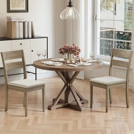 COLAMY Farmhouse Dining Chairs Set of 2, Upholstered Kitchen Chairs with Ladder Back, Modern Wood Side Dining Room Chairs with Wooden Legs for Rustic Restaurant, Light Brown