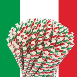 Paper Straws Long Italia Design, Pack of 100, 23 cm Long, 7 mm Diameter, Italian Flag, Tricolour, Biodegradable, Environmentally Friendly, Disposable Drinking Straw (Long)