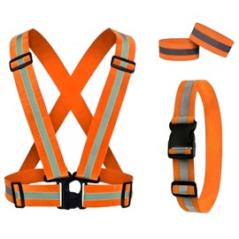 RUISHYY Reflective Running Gear Reflective Vest & Reflective Armband & Reflective Belt 3 Pcs Set, High Visibility Reflective Gear Night Cycling Walking Safety Vest Straps for Men Women Kids (Orange)