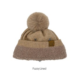 C.C Star Stud Pom Beanie with Pom for Women - Recycled Yarn Stretchable Soft Warm with Faux Fur Pom Knit Winter Skully Hat (Taupe)