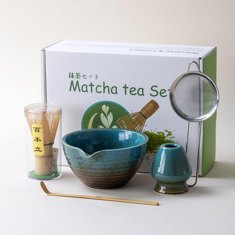 Traditional Matcha Tea Ceremony Set with Ceramic Bowl, Bamboo Whisk,
