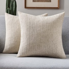 FUTEI Oatmeal Decorative Throw Pillow Covers 18x18 Inch Set of 2,Soft Linen Striped Texture Cushion Case,Farmhouse Home Decor for Couch Bed Living Room