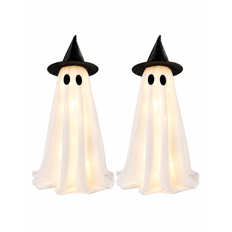 LED Witch Hat Ghost Figurines for Halloween Decor – 2-Piece