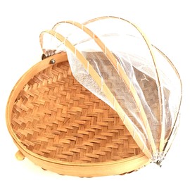 Oma® Covered Round Bamboo Storage Basket With Mesh Cover Food Tent Storage Basket MEDIUM