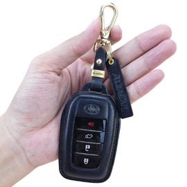 ALEACAR Premium Leather Key Fob Cover with Keychain, Accessories for Toyota, Protector and Fits Camry 2025, Tundra 2022-2025, Tacoma, Sequoia, Sienna, 2024 RAV4, Highlander, Corolla Cross (Black)