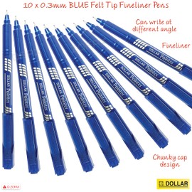 DOLLAR Fineliner Pens, BLUE, 0.3mm Ultra Fine Felt Tip, Pack of 10, Precise Writing, Write Draw Sketch Colour Mark Fine Line Pens