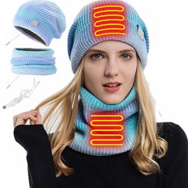 2Pcs Heated Hat Scarf Set USB Heat  Winter Tie Dye Knitted Hat Scarf for Men Women Outdoor Skiing Cycling Running