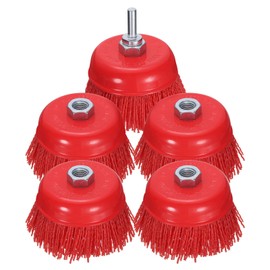 HARFINGTON 5pcs 4" Nylon Filament Wire Wheel Cup Brush, 5/8"-11 Threaded Arbor Abrasive Wire Brushes Set with Drill Adaptor for Rust/Corrosion/Paint Removal and Scrub Surfaces