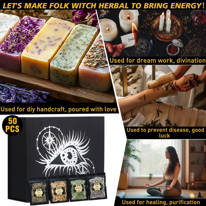 50pack Herbs for Witchcraft, Dried Herbs and Flowers Kit for