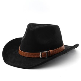 Women Western Cowgirl Hats Men Vintage Cowboy Hat Wide Brim Trendy Fedora Felt Jazz Hat with Buckle Belt (UK, Alpha, One Size, M, Black)