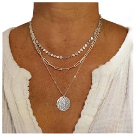 Iaceble Bohemia Layered Disc Choker Necklace Tiny Disc Chain Necklace Silver Paperclip Chain Necklace Disc Coin Pendant Necklace Jewelry for Women and Girls (Silver)