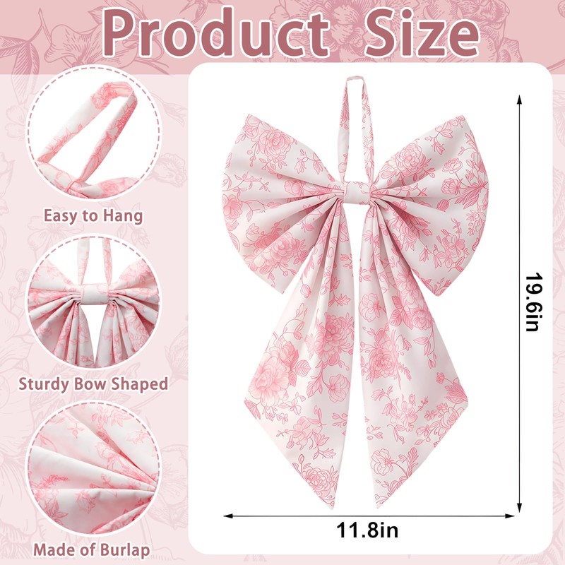 Suncalla 2 Pcs Pink Toile Chinoiserie Wreath Bow for Front