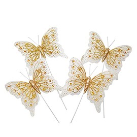 Set of 12 Glitter Monarch Feather Butterflies on Wire for Floral Arrangements and DIY Decorations (Gold)