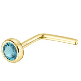 Solid 14K Yellow Gold L-Shape Stud Bezel Set 2.5mm Blue Topaz 22G L-Bend Nose Stud - December Birthstone Nose Ring Stud LSBZ-TP25YG