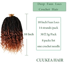 CUUKEA Deep Faux Locs Crochet Hair 10 Inch 8 Packs Goddess Locs Crochet Hair T350 Soft Faux Crochet Braids with Curly Ends Prelooped Deep Wave Croceht Braids for Black Women(Black mixed Ginger)