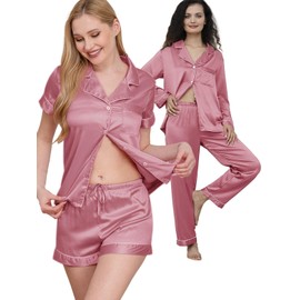 WJing Yi Jia 4Pcs Womens Silk Satin Pajama Sets Floral Pajamas Silky Pj Sets XS-2XL Button Down Pjs Set Loungewear Sleepwear Dusty Rose