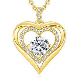 Moissanite Heart Pendant Necklaces for Women, 925 Sterling Silver Gold Plating Lab-Created Gem Necklace Engraved with 'I LOVE YOU', Ideal Anniversary Birthday Christmas Valentine Engagements Mothers Day Jewelry Gifts for Mom Wife Girlfriend Daughter Her