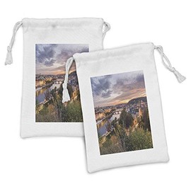 Ambesonne Prague Fabric Pouch Set of 2, Valtava River During a Sunset in Czech Republic Landscape Illustration, Small Drawstring Bag for Toiletries Masks and Favors, 9" x 6", Orange and Multicolor