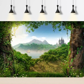 Forest Aquarium Background Fairytale Castle Tranquil Lake Fish Tank Background Tropical Rainforest Natural Landscape Terrarium Background Mountains Blue Sky Reptile Habitat Background 72x24in