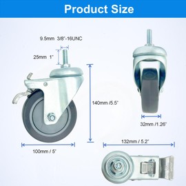 Fixhando 4 inch Swivel Caster Wheels with Nylon Brake, 3/8"-16x1 Threaded Stem Casters Set of 4, Grey PU Wheels for Furnitures,Restaurant,Labs,Hospital