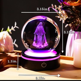 Arikyrist 3D Crystal Virgin Mary Statue Figurine with Colorful LED Base,Glass Sphere Statue, 3D Crystal Ball Mother Mary Christian Catholic Religious Easter Gifts
